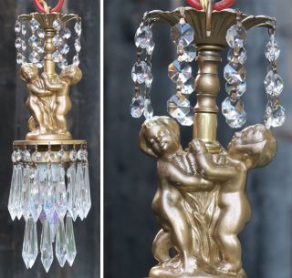 Swag Cherub Hanging Lamp Chandelier Vintage Spelter Brass Crystal Prism Light