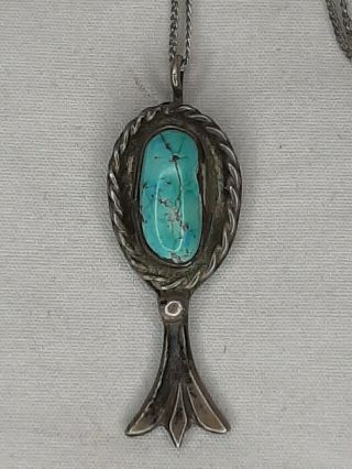 Vtg Navajo Old Pawn Turquoise Sterling Silver Squash Blossom Pendant W/ Necklace