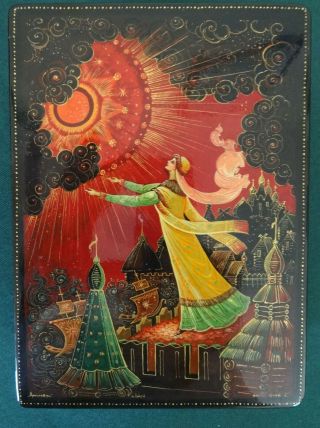Russian Lacquer Box Kholui Signed,  Woman Wtih Red Sun On Rooftop,  Hand Painted