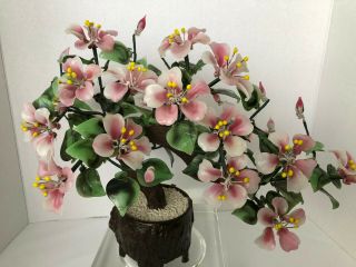 Asian China Jade Agate Glass Bonsai Tree Blossoms And Leaves