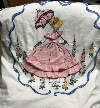 Vintage Handmade Embroidered Bonnet Girl Southern Belle Applique Bed Covering