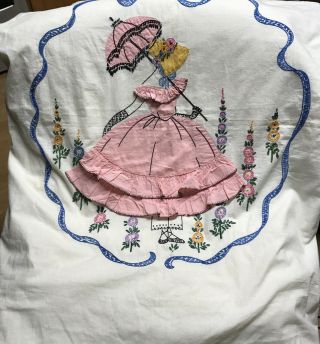 Vintage Handmade Embroidered Bonnet Girl Southern Belle Applique Bed Covering 2