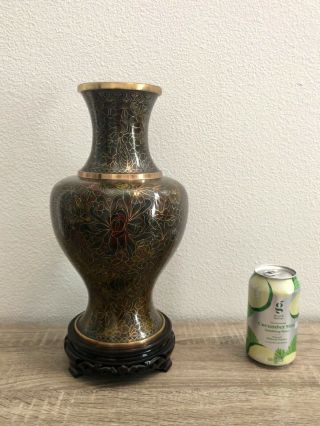 Large 12 " X7 “ Cloisonné Vase - Rich Bronze Colors & Wood Stand