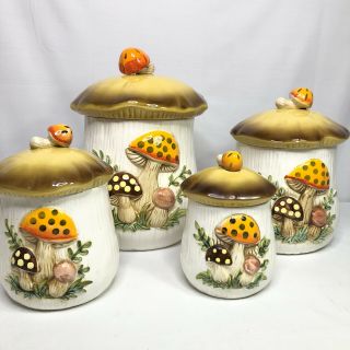 Vintage 1978 Sears Roebuck Merry Mushroom Canisters Set Of 4 Made In Japan