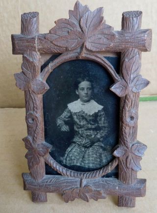 Old Tintype Photograph Young Girl In A Fancy Dress W Carved Wooden Easel Frame