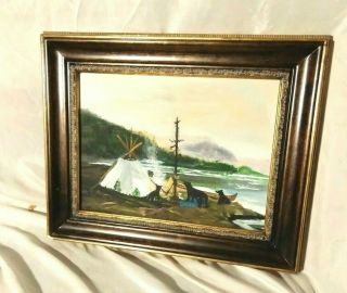 Vintage Teepee Oil Painting Landscape Lake Native American Indian Bear