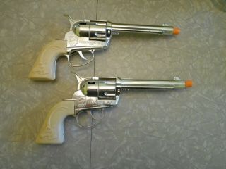 Pair Mattel Fanner 50 Toy Cap Gun Pistol Chrome W/ White Gazelle Grips Cowboy