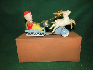 Vintage Prewar Tin & Celluloid Windup - Santa Sleigh - RARE VERSION - 1930 ' s 2