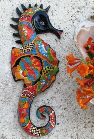 Mexican Folk Art Talavera Pottery Ceramic Nautical Ocean Wall Seahorse 24 "