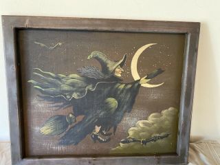 Vintage Halloween Witch Oil Painting On Board