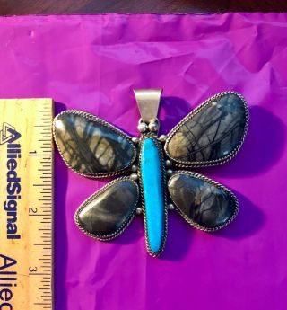 Vintage Navajo Large Heavy Sterling Silver Butterfly Pendant Signed Hs
