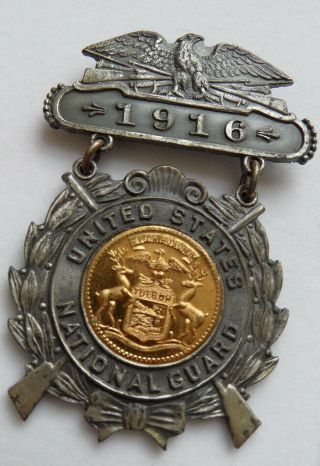 Vtg Sterling Silver 1916 Us National Guard Border War Michigan Badge Pin Medal
