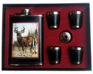 Gift Set Flask And Shot Glasses Set With Big Buck Deer Drink Hip 638 Forest