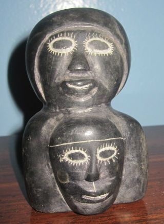 Inuit Soapstone Eskimo Folk Art Double Head Carving Figure Transformation