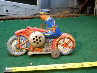 1938 Marx Tin Toy Wind - Up Blue Police Motorcycle Siren 7 Made In Usa Parts