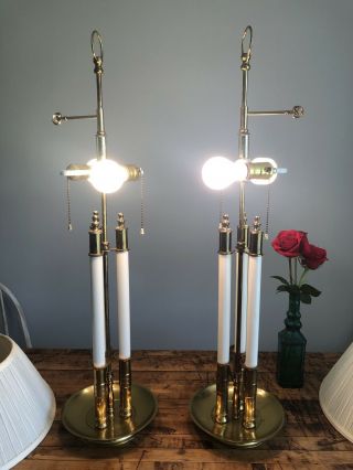 Vintage Brass Bouillotte 3 Column Candlestick Table Lamps No Shades