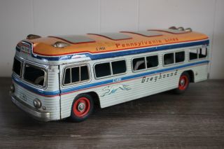 Vtg Japan Yonezawa Greyhound Pennsylvania Lines Bus Friction Tin Litho Toy Large