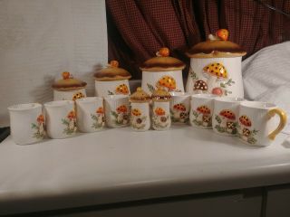 Vintage Mushroom Ceramic Canister Set Of 4,  8 Cups&ps Sears Roebuck And Co.  1976