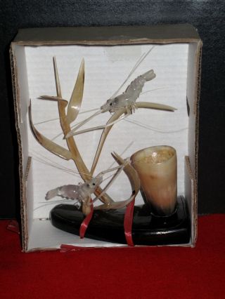 Mib Vintage Asian Hand Carved Horn Ghost Shrimp Prawn Sea Weed Ocean Sculpture