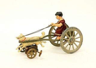 Vintage Early Gunthermann Woman Pulled By Dog Tin Wind - Up Toy Hand Painted