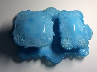 Vintage Westmoreland Blue Milk Glass 5 - Piece Vanity Dresser Set Turquoise Blue