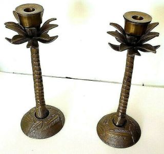 2 Vintage Brass Candle Holders Palm Trees 12 7/8 " Tall