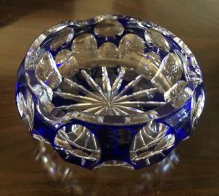 Vintage Cobalt Blue Cut To Clear Crystal Glass Ashtray Bowl Candy Dish Large