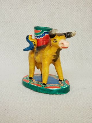 Vintage Mexican Folk Art Cow Candle Holder Pottery Mexico Animal Tree Of Life