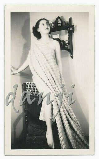Young Lady Nude With Pointed Toes Under A Bedspread Stands On A Chair Old Photo
