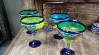 Set Of 4 Hand - Painted Mexican Margarita Fruit Glasses Colorful