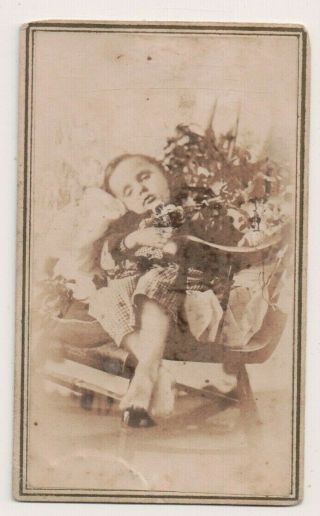 Vintage Cdv Post Mortem Photo Young Child Amongst Flowers