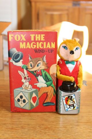 Boxed 1950’s F0x The Magician Windup Tin Toy Made In Japan