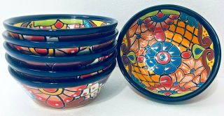 Mexican Talavera Pottery Bowl Set Of 6 Folk Art Soup Salad Cereal 7.  5 "