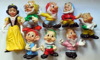 Vintage Large Rubber Toy Squeak Snow White Seven Dwarfs Disney Ledra Italy 1960s