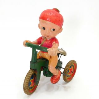 6 1/2 " Prewar Japan Boy On Tricycle Celluloid & Tin Wind Up Toy Rubber Tires