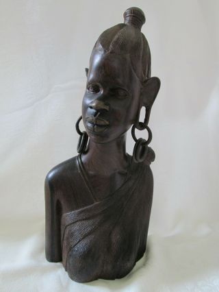 Ebony Wood African Woman Bust Figure Earrings S Mbai 13 " Carved Statue