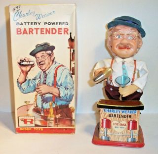 1962 Battery Operated Charley Weaver Bartender Tin Litho Bar Toy Smokes Mib