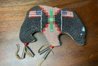 Late 19th Century Native American Bead Work,  Bear,  American Flags.  5 1/4 X 4 In