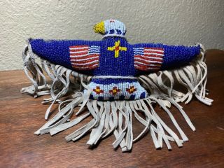 Late 19th Century Native American Bead Work,  Eagle,  American Flags.  8 1/2 X 7 In