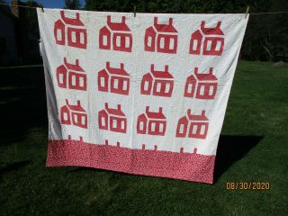Vintage Hand Pieced Cutter Quilt Red & White Madison House 80 " X70 "