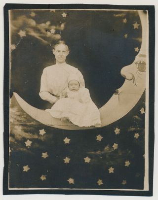 Mother & Child On Studio Paper Moon Stars Vtg 1910 