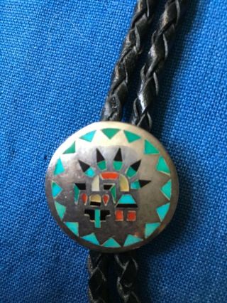 Zuni Old Pawn Natachu Rainbow Man Bolo,  Stone Sterling And Leather,  Hand Cut