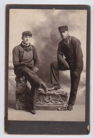 Two Overall Clad Workmen Leather Gloves By Harrington In 1890s Cabinet Photo