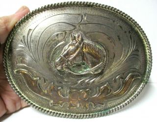 Huge 5 " Vintage Horse Head Trophy Hand Made & Engvd Cowboy Belt Buckle
