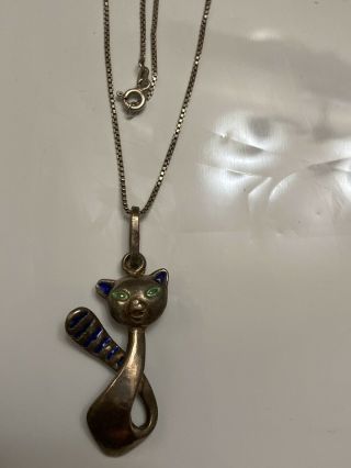 Vintage Sterling Silver Cat Pendant With Necklace.  925 Italy