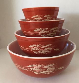 4 Pyrex Glass Mixing Bowls Autumn Harvest Wheat 401 402 403 404 Vintage Set
