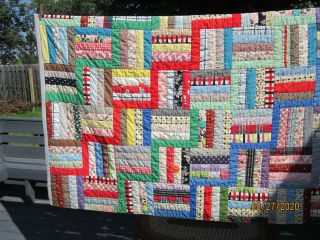 Vintage Multi Colored Block Crazy Quilt 80 " X 68 " Hand Stitched ?