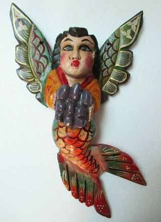 Mexican Folk Art Carved Wood Wall Mermaid Angel Guerrero Nautical Decor 18 "