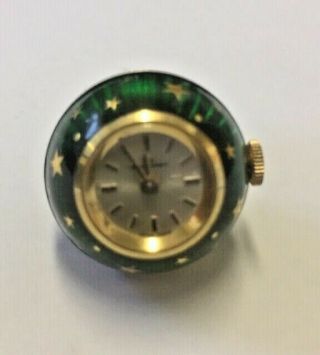 Vintage Swiss Bucherer Enamel Ball Pendant Watch Green Enamel,  Gold Stars W/o