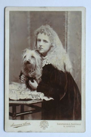 Cabinet Photo: Pretty Young Girl With Terrier Dog.  Seaman & Sons.  Chesterfield